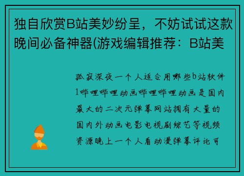 独自欣赏B站美妙纷呈,不妨试试这款晚间必备神器(游戏编辑推荐:B站美妙纷呈的晚间必备神器)